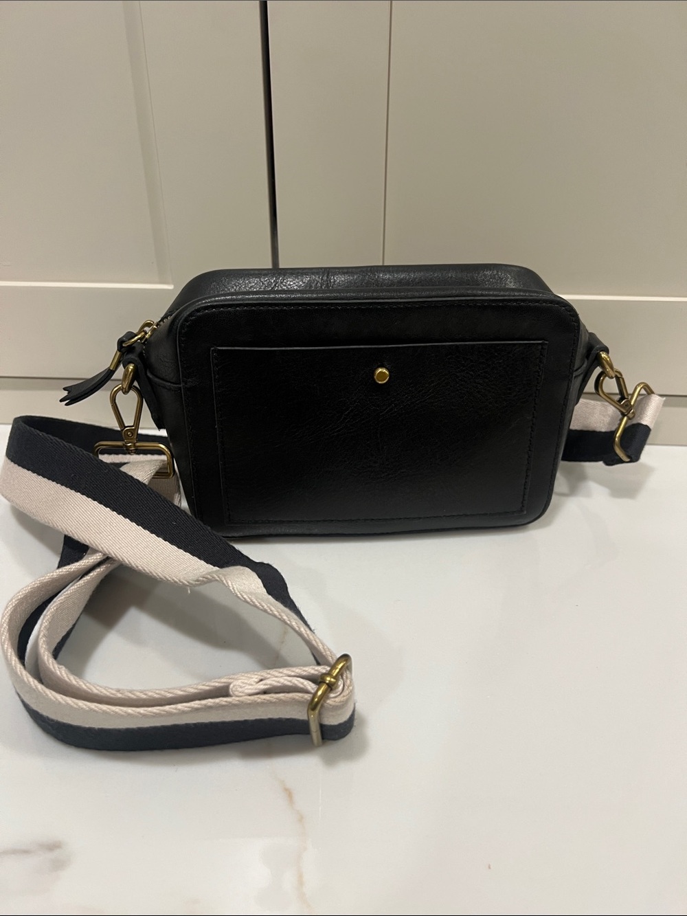 Madewell Black Crossbody camera Bag with Black and Cream Striped Strap